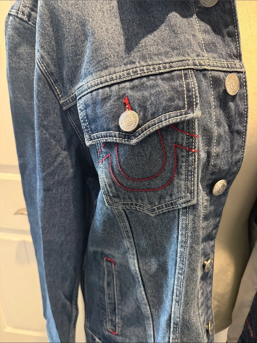 True Religion Blue Denim Jacket with Red Contrast Stitching